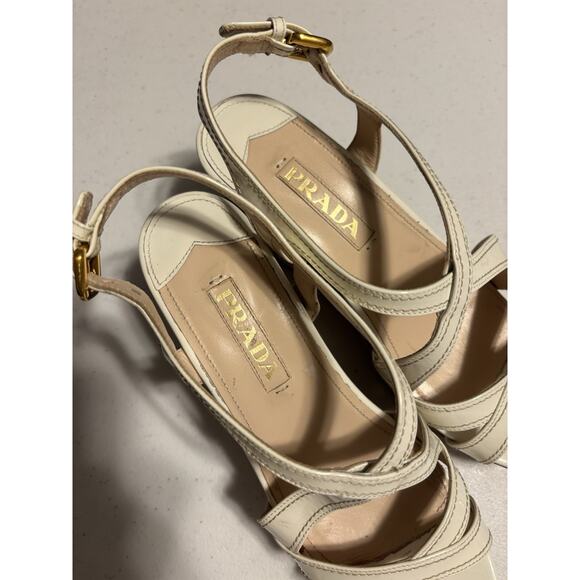 Prada Wedge Sandals 38 Beige Brown Wooden Leather Wedge Platform Slingback - Picture 2 of 12